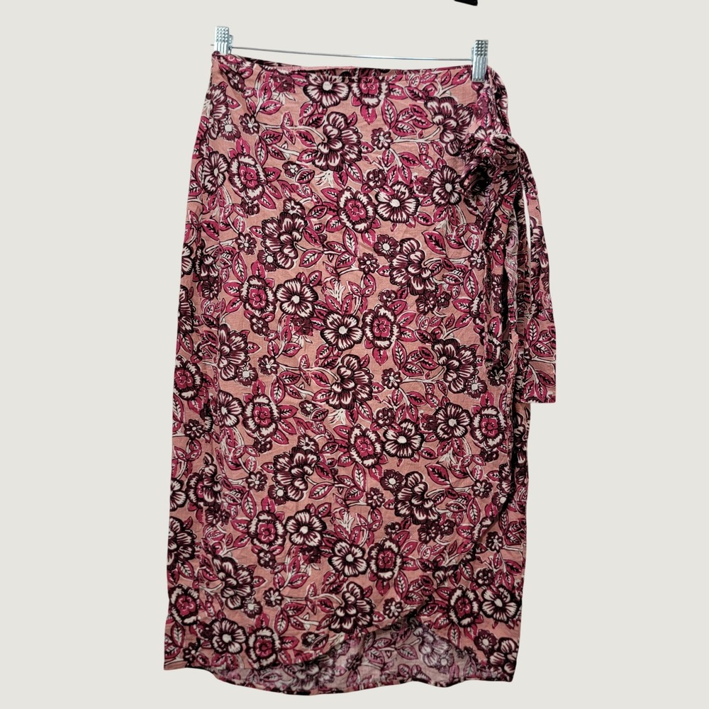 Faherty Wrap Skirt Womens M Pink Floral Linen Blend Midi Beach Cover Up Resort